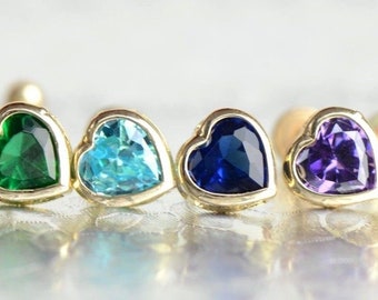 14K Yellow or White Gold Bezel Heart Stud Earrings Birthstone with Screw Back