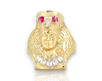 10K Solid Yellow Gold Diamond Cut Egyptian Pharaoh Head King Tut CZ Band Ring