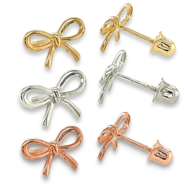 Solid 14k Yellow or White or Rose Gold Ribbon Stud Screw Back Earrings - Solid 14k Yellow or White or Rose Gold Earrings