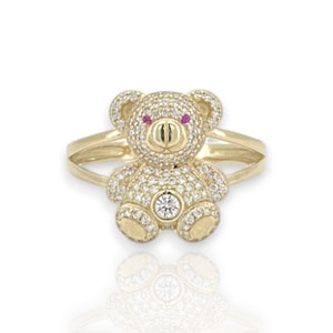 Pink Eyes Teddy Bear Ring Solid 10K Yellow Gold All Sizes