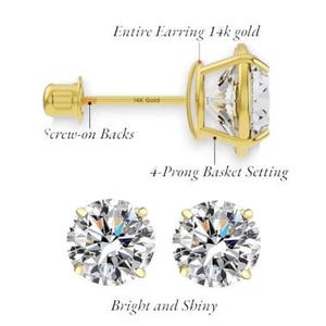 14k Solid White or Yellow Gold Basket Set Round CZ Stud Earrings, Screw back Cz Studs, Sleeper Cz Studs, Unisex