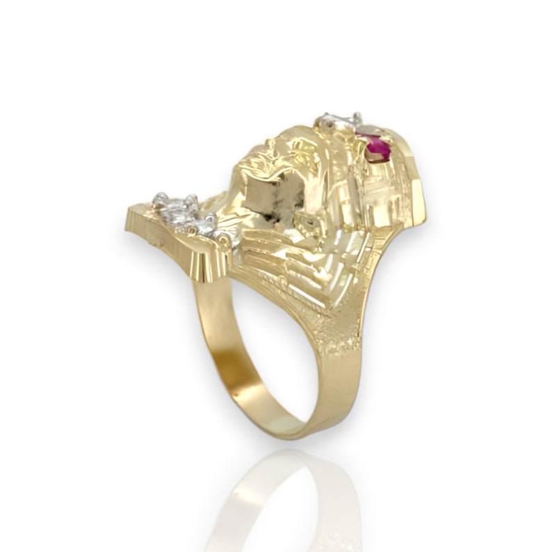 10K Solid Yellow Gold Diamond Cut Egyptian Pharaoh Head King Tut CZ Band Ring image 2