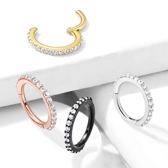 Implant Grade Titanium Rose Gold PVD Double Hoop White CZ Pave Hinged Clicker Implant Grade Titanium Rose Gold PVD Double Hoop White CZ Pave Hinged Clicker