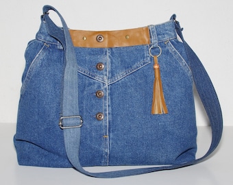 Bolso bandolera de jeans reciclados: bolso hobo de mezclilla hecho a mano