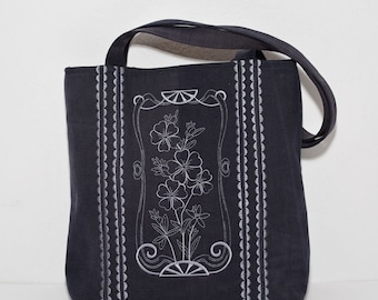 Embroidered Black Denim Tote Bag: Recycled Jeans, Handmade