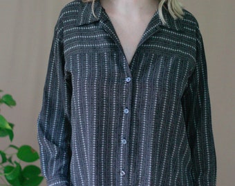 Vintage Print Button-Up Blouse, Women's grey floral striped top