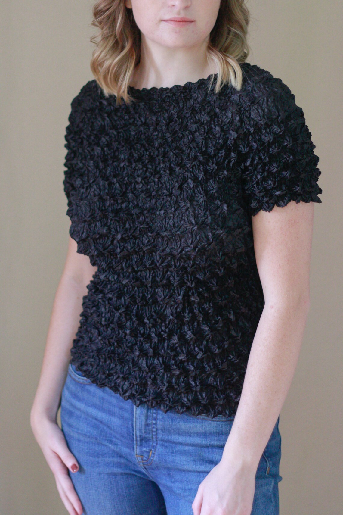 Black Popcorn Shirt 90s Vintage Crinkled Blouse Women's Etsy