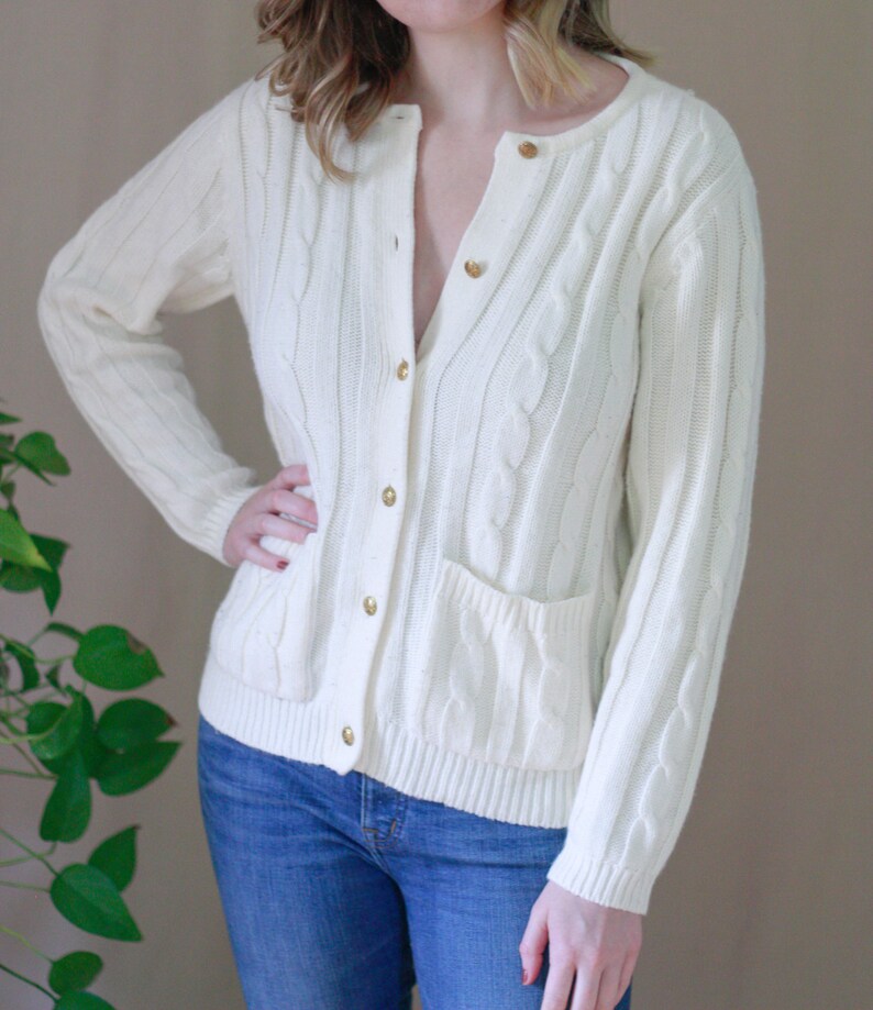 Vintage Ivory Cardigan, Cream Cableknit Sweater, Women's, Gold Buttons
