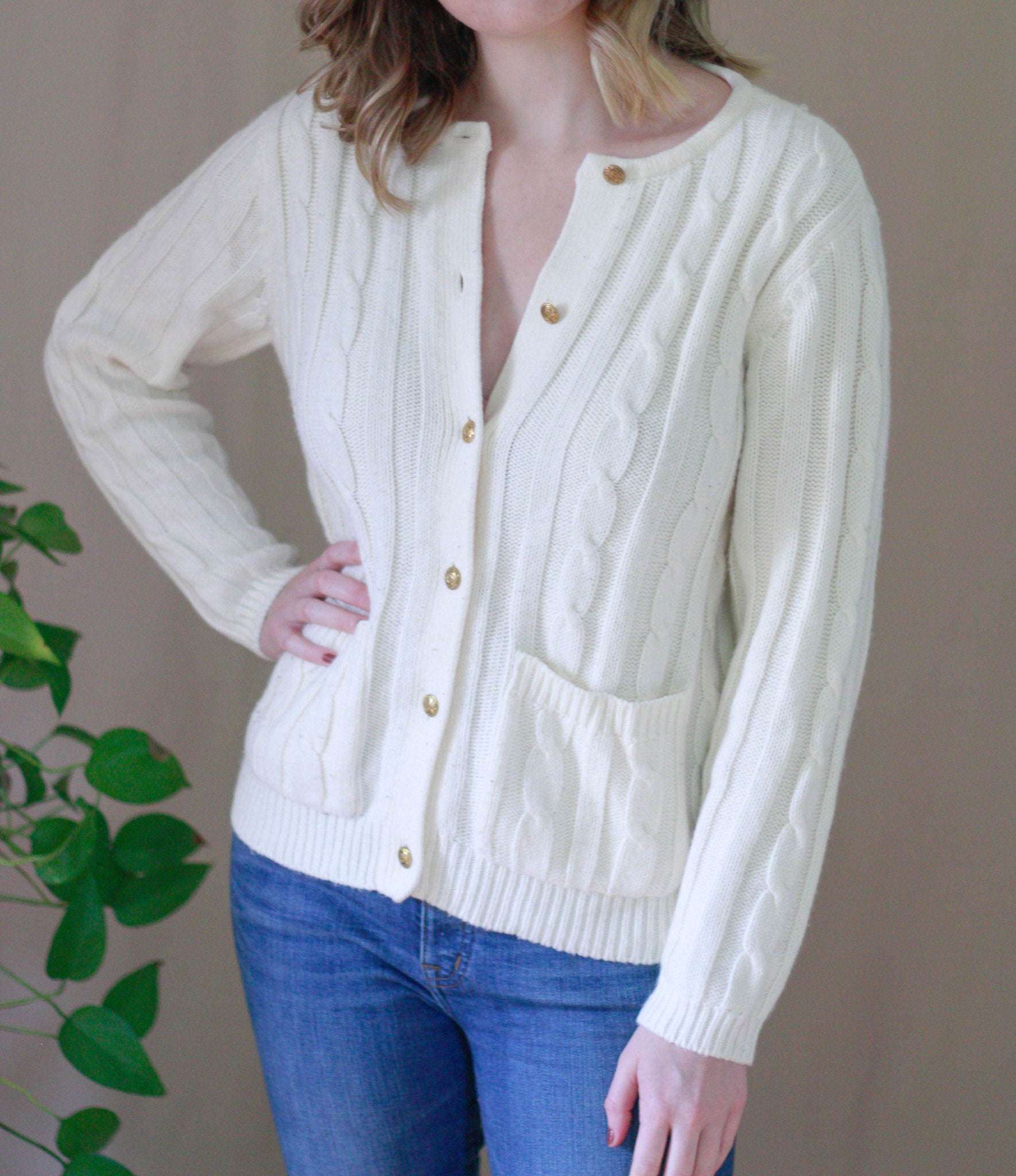 Vintage Ivory Cardigan, Cream Cableknit Sweater, Women's, Gold Buttons