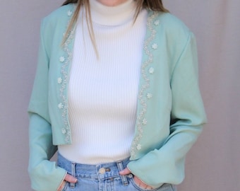 80s Vintage AFTER DARK Mint Embellished Bolero with Pearl Beading
