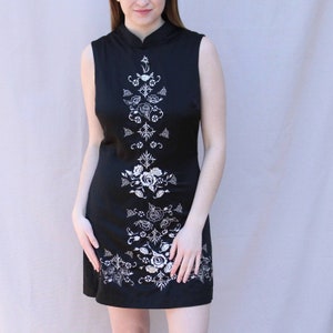 Vintage Mandarin Collar Fitted Black Embroidered Dress