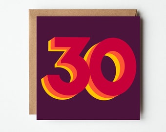 30th Birthday Card-Birthday number card-Retro Birthday Card