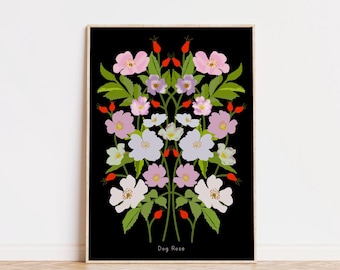 British Wild Flower- Dog Rose - Botanical illustration- Wall Art