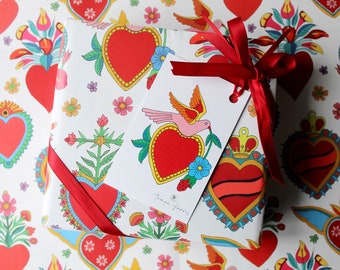 Heart wrapping paper- Mexican hearts- Valentine gift wrap- milagros pattern-