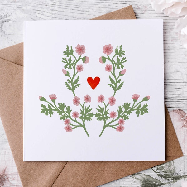 folk art heart-Anniversary Card- Heart with flowers