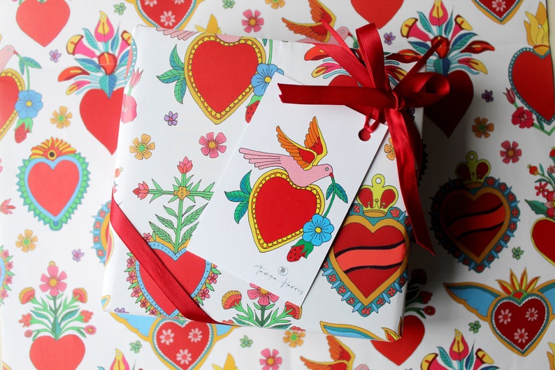 Papier cadeau coeurs Coeurs mexicains Saint-Valentin motif milagros image 1
