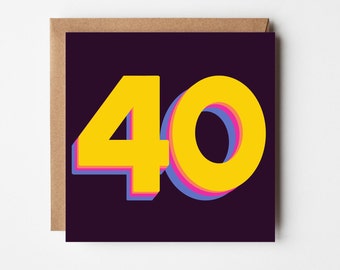 40th Birthday Card- 40 card-Birthday number card-80s Birthday Card