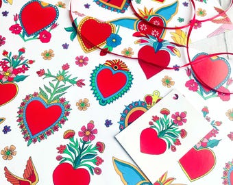 Heart wrapping paper- Mexican hearts- Valentine gift wrap- milagros pattern-