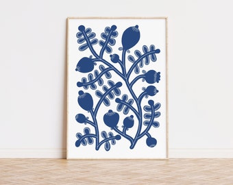 Poster imprimé floral botanique bleu - illustration florale - imprimé bleu