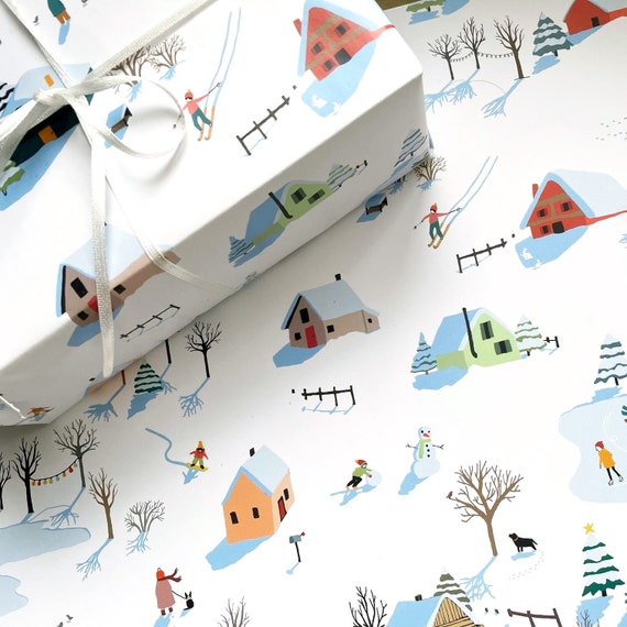 Snow Scene Christmas Wrapping Paper – Hygge Winter Gift Wrap (115gsm)