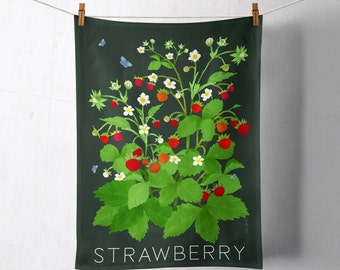 Strawberry Tea Towel - Botanical tea towel- luxury tea towel - Wild strawberries and Butterflies