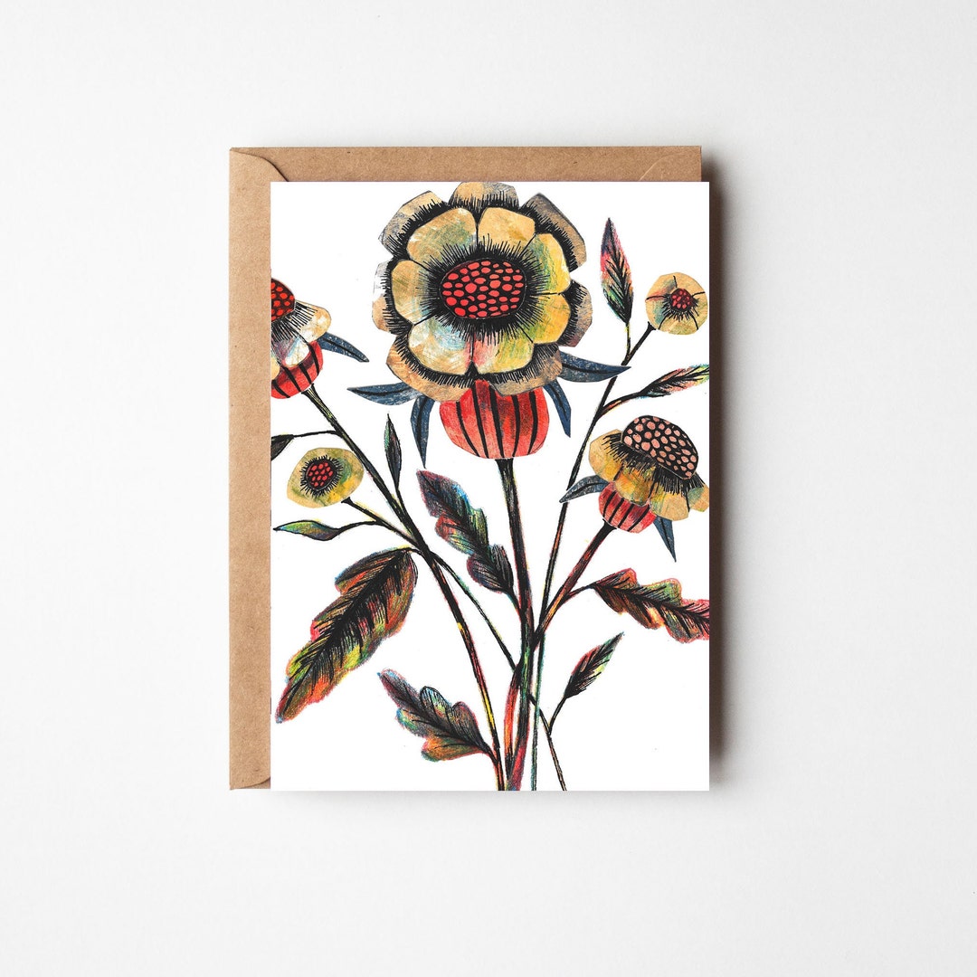 Folk Art Floral Greeting Card - Any Occasion - Etsy