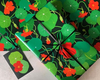 nasturtium wrapping paper- botanical gift wrap- luxury wrapping paper - flowers and ladybirds