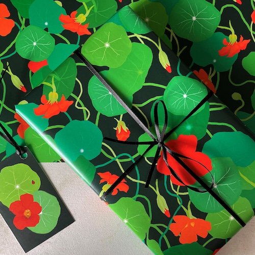 Nasturtium Wrapping Paper: Botanical Flowers & Ladybirds