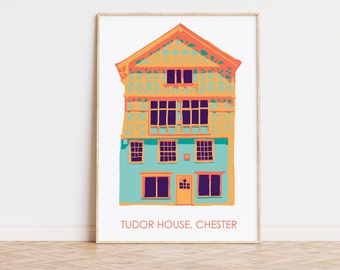 Chester Tudor House Illustration: Brightly Colored Architecture Poster