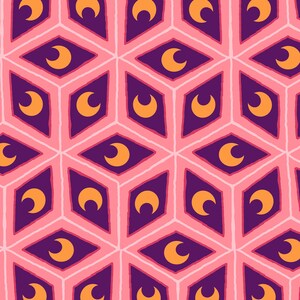 May include: A repeating pattern featuring geometric shapes in a pink, purple, and orange color scheme. The design includes diamond shapes with crescent moon motifs, creating a visually appealing and symmetrical pattern. The overall theme is abstract and decorative.