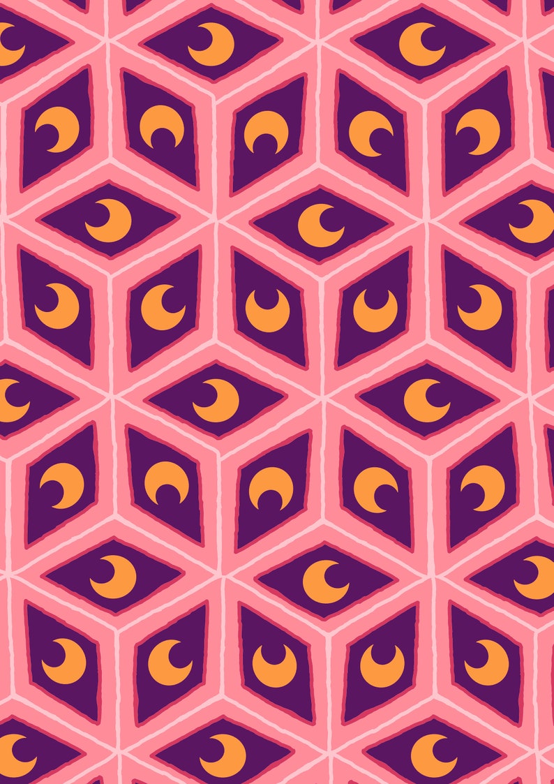 May include: A repeating pattern featuring geometric shapes in a pink, purple, and orange color scheme. The design includes diamond shapes with crescent moon motifs, creating a visually appealing and symmetrical pattern. The overall theme is abstract and decorative.