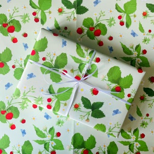 strawberry gift wrap- summery wrapping paper-strawberries and butterflies