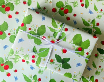 strawberry gift wrap- summery wrapping paper-strawberries and butterflies