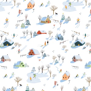 May include: A repeating pattern on a white background featuring winter scenes with small houses, snow-covered trees, and people engaged in activities like skiing, ice skating, and walking dogs. The illustration includes snowmen and fences.