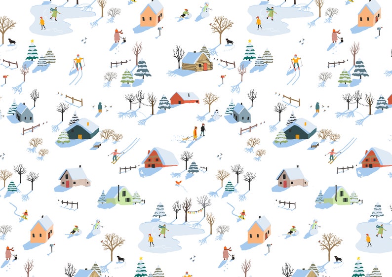May include: A repeating pattern on a white background featuring winter scenes with small houses, snow-covered trees, and people engaged in activities like skiing, ice skating, and walking dogs. The illustration includes snowmen and fences.
