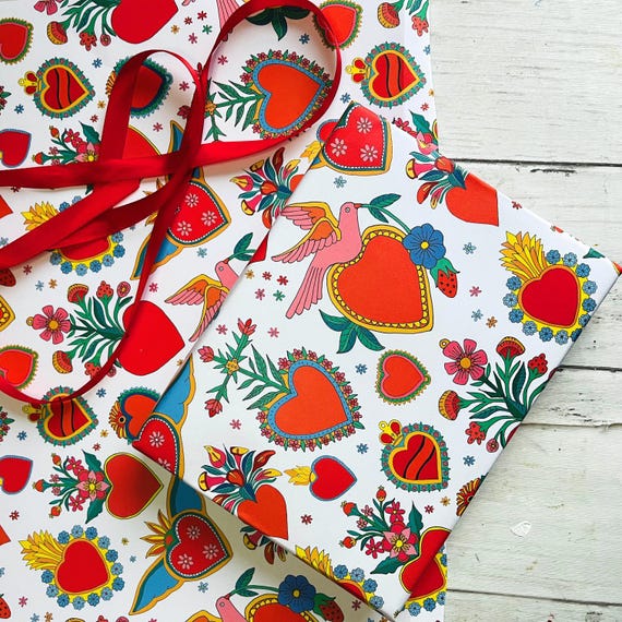 Heart wrapping paper- Mexican hearts- Valentine gift wrap- milagros pattern-
