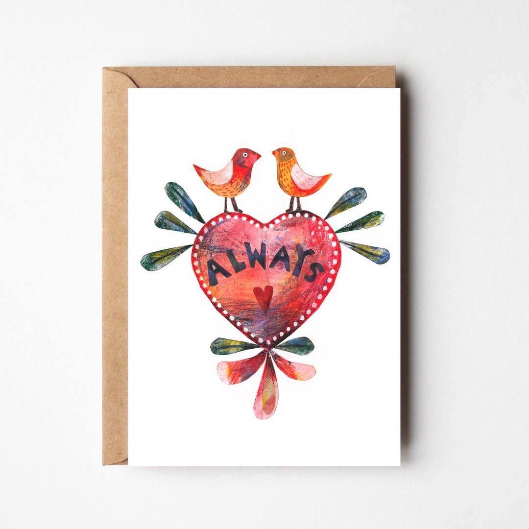 Folk Art Love Birds Anniversary Card - Etsy