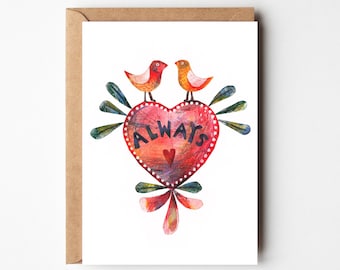 Folk Art Card - Love birds card - Anniversary card