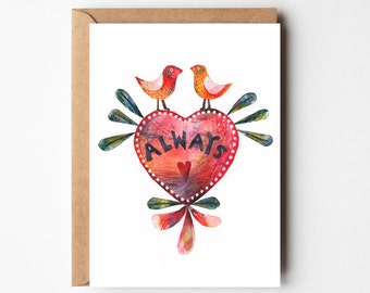 Folk Art Card - Love birds card - Anniversary card