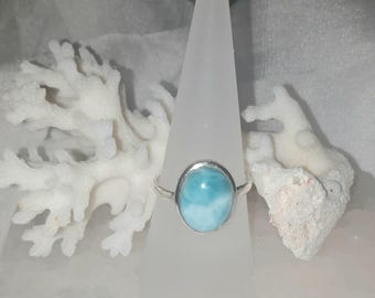 Oval Larimar Ring 7.5 Sterling Silver, Rare Stone, Beachy Boho Jewelry