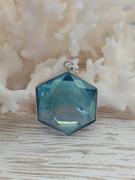 Aqua Aura Star Crystal Pendant from Brazil – Hexagon Quartz Healing Jewelry