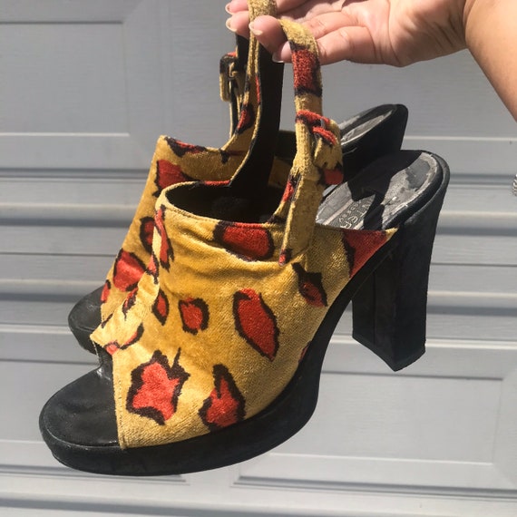 Vintage 90s Velvet Leopard Chunky Platform Heels