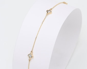 14k Solid Gold Mother of Pearl Clover Bracelet - Lucky Jewelry