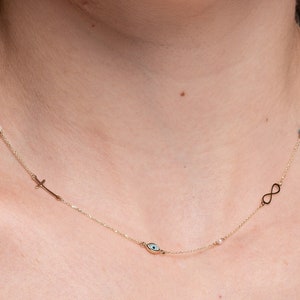 14K Gold Necklace Dainty, Evil Eye Necklace, Infinity Necklace, Cross Necklace, Good Luck Necklace, 6th Anniversary Gift, Station Necklace