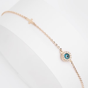 14k Gold Evil Eye Bracelet: Murano Glass Cross Charm, Protection Jewelry