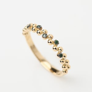 14k Solid Gold Beaded Ring: Green Cubic Zirconia Accent