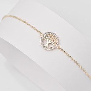 14k Solid Gold Tree of Life Bracelet: CZ Charm, Symbolic Jewelry