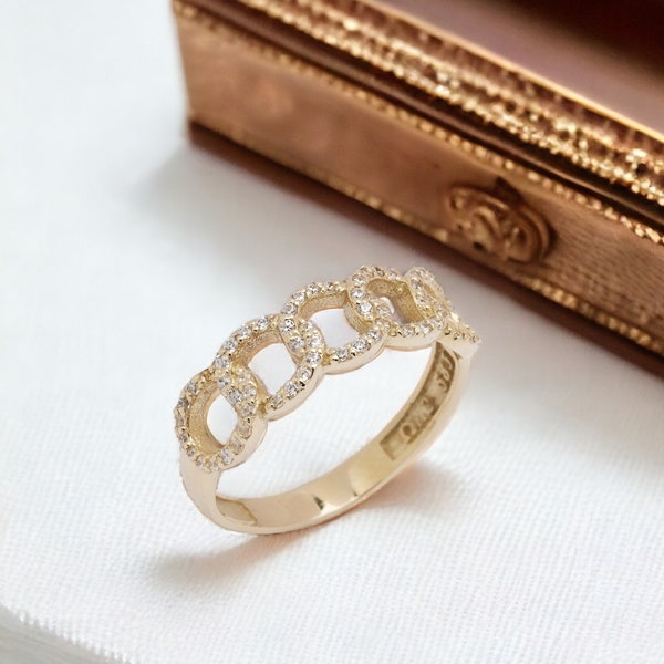 Chain Ring, Cuban Link Ring, 14K Solid Gold Ring, Curb Link Ring, Stacking Ring, Anniversary Ring, Statement Ring, Cz Eternity Ring