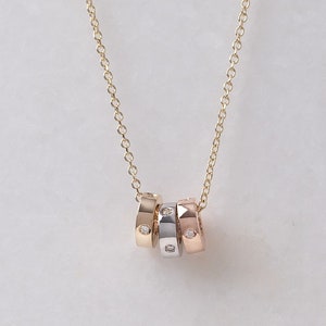 Diamond Necklace, 18K Solid Gold Necklace, Three Ring Necklace, Tri Color Necklace, Family Necklace, 30 Birthday For Women