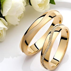 Wavy Wedding Band Set: His & Hers Solid Gold Matching Rings
